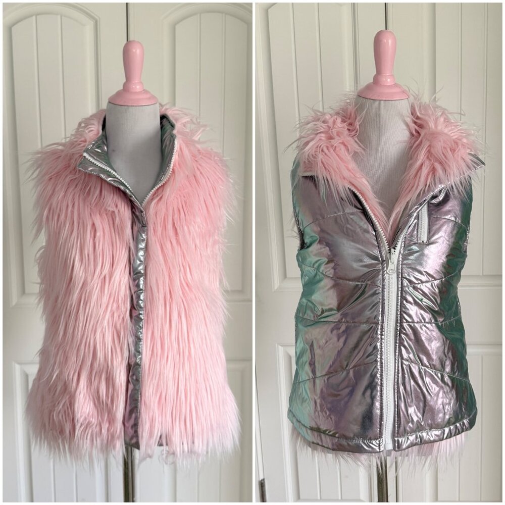 Dolls Kill Sugar Thrillz Reversible Pastel Pink Fur Shiny Silver Puffer Vest